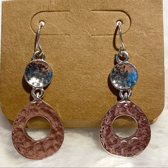 Hammered Silver Circle Drop Hook Earrings - Picture 3 of 4
